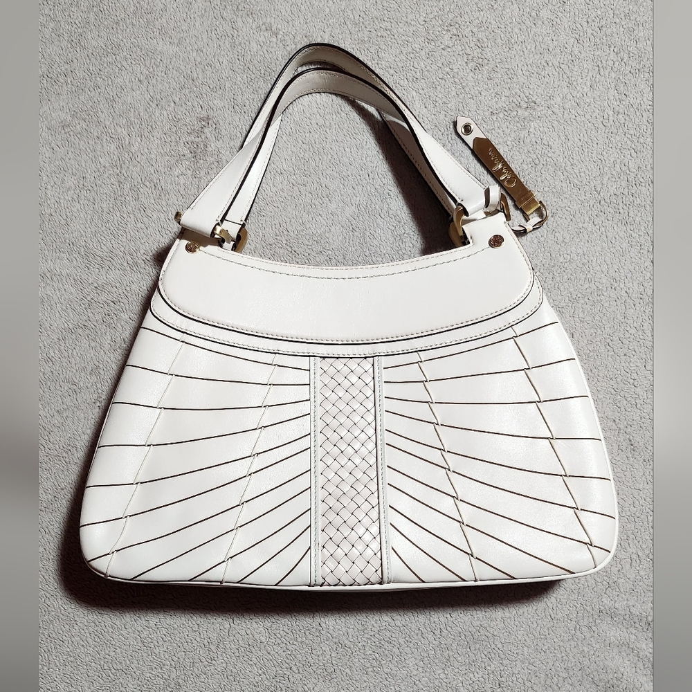 COLE HAAN Ivory Woven Leather Satchel Shoulder Handbag 2 Handle Purse Bag